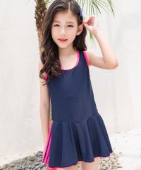 TeddyShop/テディショップ Teddyshop キッズ水着 ライン柄オールインワンフレアワンピーススイムウェア+スイムキャップ 2点セット【返品不可商品】/504522818