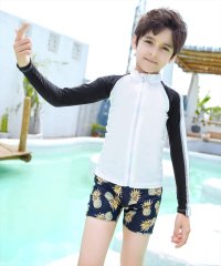 TeddyShop/キッズ 水着 男の子 ラッシュガード パンツ 帽子付き 夏 海 プール 無地 総柄 セットアップ ファスナー ジップアップ/504522820