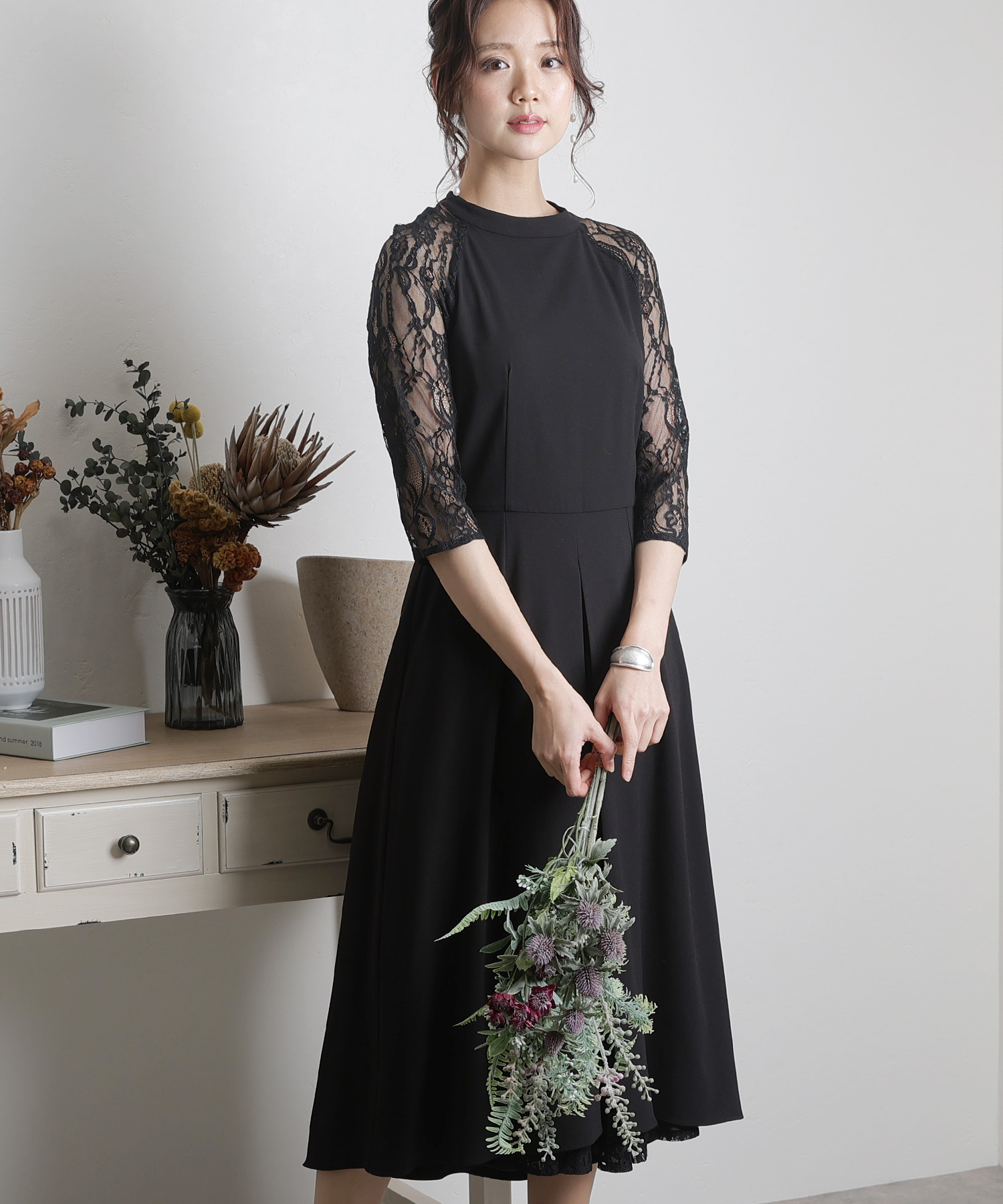 プールヴー PourVous 結婚式 ワンピース （ブラック） プールヴー PourVous 七分袖&ひざ丈ワンピースドレスプリーツ