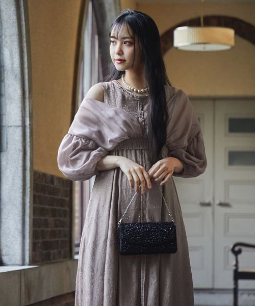 結婚式 ワンピース パーティードレス レース ボレロ セット カーディガン パフスリーブ 総レース シアー 透け感 ウエストゴム 5分袖 袖あり オケージョン