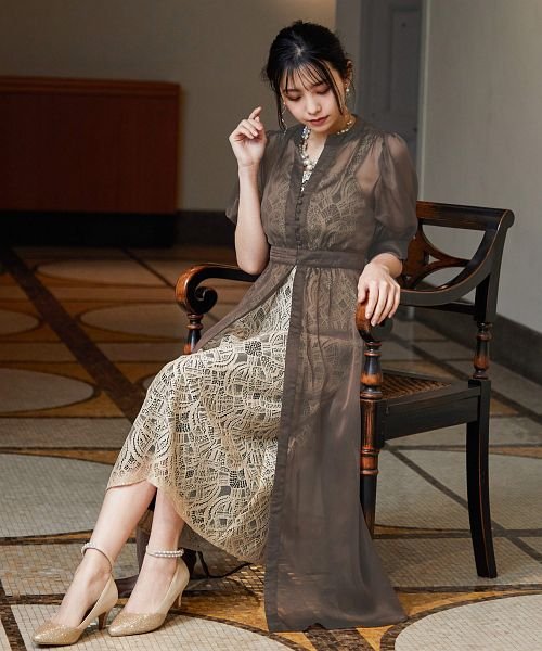 結婚式 ワンピース パーティードレス レース 2way シアー ロングカーデ 5分袖 ロング 総レース シアー 透け感 袖あり オケージョン 1.5次会 春 夏