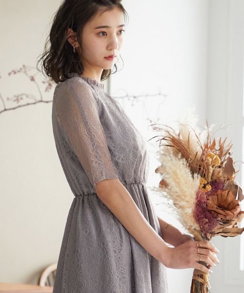 結婚式 ワンピース パーティードレス レース 総レース ロング丈 ミモレ丈 袖あり 小さいサイズ 大きいサイズ 半袖 ハイネック シアー 透け感 ロング オケー