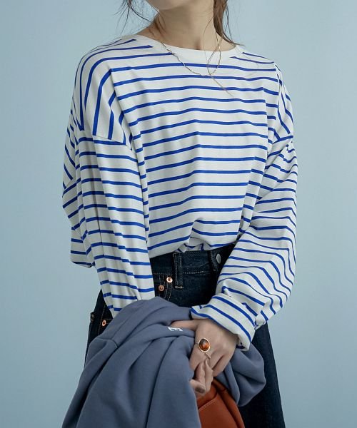 絶妙なサイジングに惚れるボーダーカットソー レディース トップス Tシャツ 長袖 ロングtシャツ 春服 ロンt 綿 コットン ホワイト ブラック ブルー グリー ファッションレター Fashion Letter D Fashion