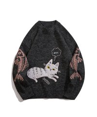 aimoha/アイモハ aimoha 【HOOK】個性派・かわいい猫とサカナ刺繍ニットセーター メンズ カップル/504561772