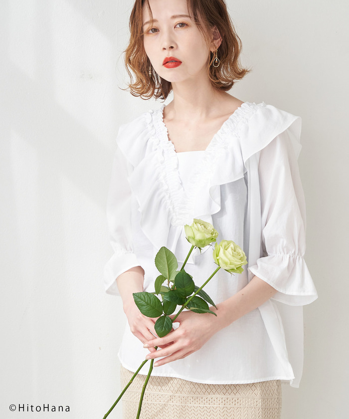 セール 12%OFF】【HitoHana×ROPE' PICNIC】ペタルフリルブラウス