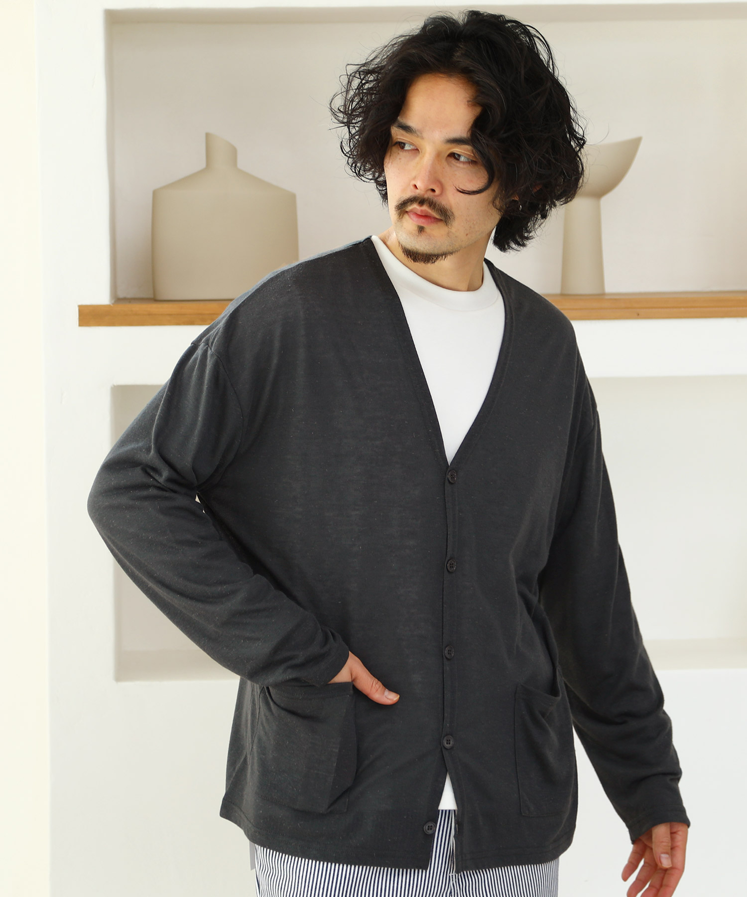 麻混釦カーデ / カーディガン メンズ ニットカーディガン cardigan