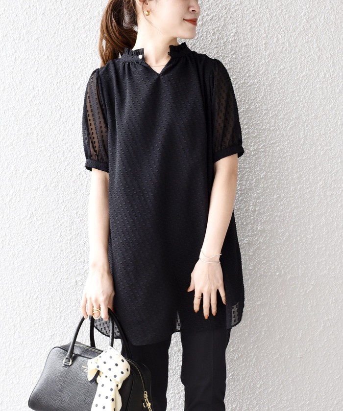 【美品】HIPS　カットジャガードシフォン　2WAY　チュニック　ブラウス　黒 セール】*〈手洗い可能〉カットジャガードシフォン2WAY