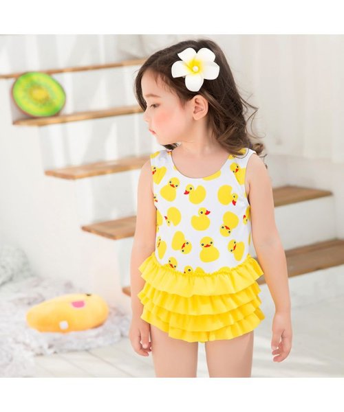 キッズ 水着 女の子 子供 子ども こども ワンピース 帽子 キャップ 2点セット ひよこ ヒヨコ 海水浴 プール ビーチ 夏 80 90 100 110 1 クララキッズ Clarah Kids D Fashion