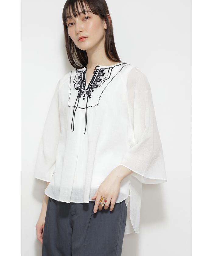 新品★プランテーション シャーリング 刺繍 コットン ブラウス 日本製 再入荷【40％OFF】イエロー1点限り/フローラルシフリー刺繍