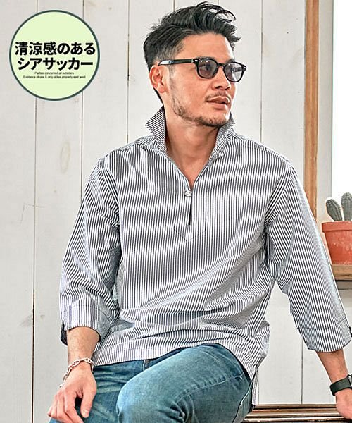 Cavaria 7分袖シアサッカーカプリシャツ メンズ カプリシャツ ブランド おしゃれ 7分袖 七分袖 イタリアンカラー 立襟 細身 シアサッカー ブラック キャバリア Cavaria D Fashion