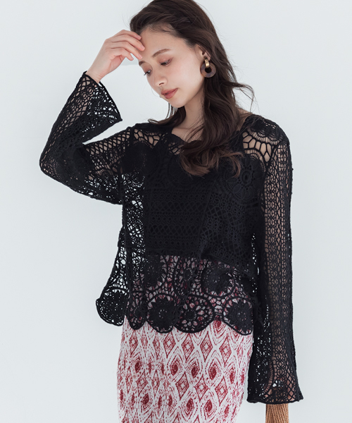 ギマコットンレースアップニット かぎ編みレーストップス (504542650) | コカ(coca) - d fashion