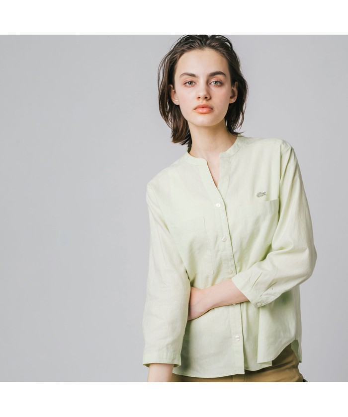 LACOSTE　リネンコットンスキッパーネックシャツ　ワニロゴ刺繍　size40 クーポン】【セール 30%OFF】ラコステ LACOSTE コットンリネン