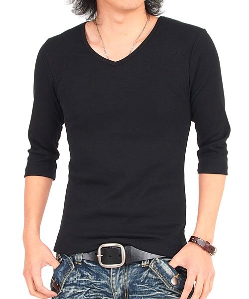 Tシャツ メンズ ロンt 長袖 7分袖 ストレッチ タイト 細身 フライス 無地 Vネック ロングtシャツ 大きいサイズ インナー トップイズム Topism D Fashion