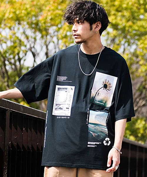 セール Cavaria デコレーションフォトプリントクルーネック半袖ビッグtシャツ メンズ ブランド 大人 ファッション バックプリント ビッグシルエット 写真 ロゴ キャバリア Cavaria D Fashion