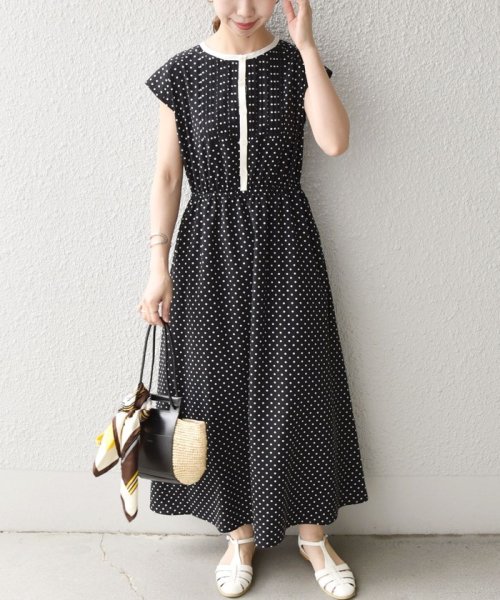 Ships Any ウォッシャブル ドット バンドカラー フレンチスリーブ ロング ワンピース シップス エニィ ウィメンズ Ships Any Womens D Fashion