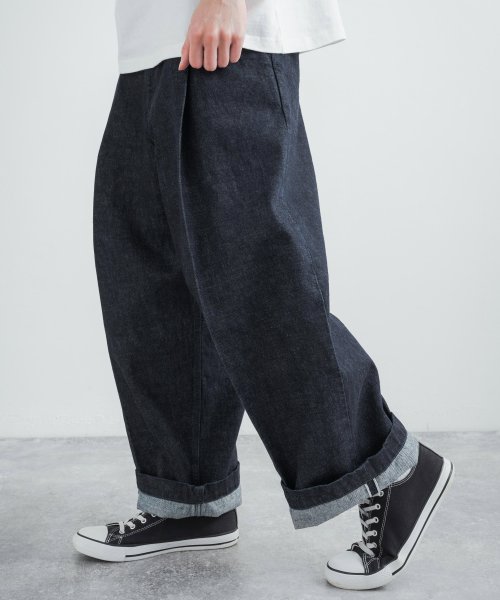 ワイドパンツ ワンタック デニム メンズ インディゴ 赤耳 セルヴィッチ セルビッジ ボトムス 41カーキ 米軍 ストレートシルエット 国産 日本製 カジュアル ロッキーモンロー Rocky Monroe D Fashion