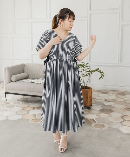 Cletteオリジナル サイドリボンストライプワンピース クレット 大きいサイズ Clette D Fashion