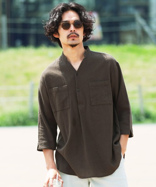 セール 綿麻パナマ織スタンドスキッパー7分袖シャツ カプリシャツ メンズ カジュアルシャツ パナマシャツ ストレッチ 半袖 綿麻 リネン ジギーズショップ Jiggys Shop D Fashion