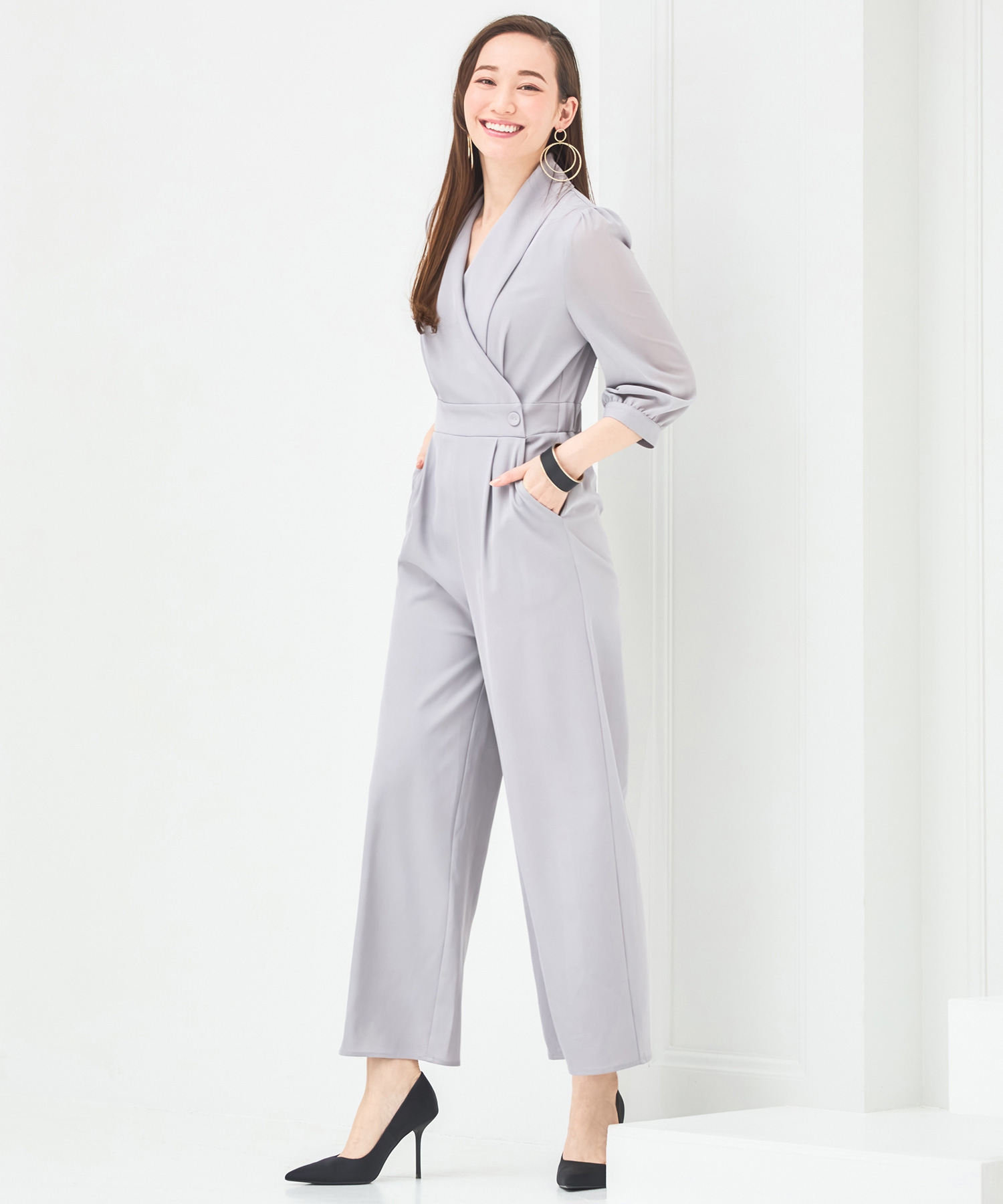 長袖 セクシー ジャンプスーツ パンツ シフォン SALE ドレスプラス DRESS+ ジャンプスーツ パンツドレス シフォン