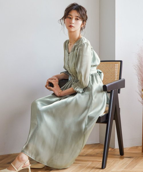 結婚式 ワンピース パーティードレス サテン シフォン 無地 Vネック ロング丈 ミモレ丈 袖あり 長袖 七分袖 ウエストゴム リボン フレア シアー 小さいサ ニアナ Niana D Fashion