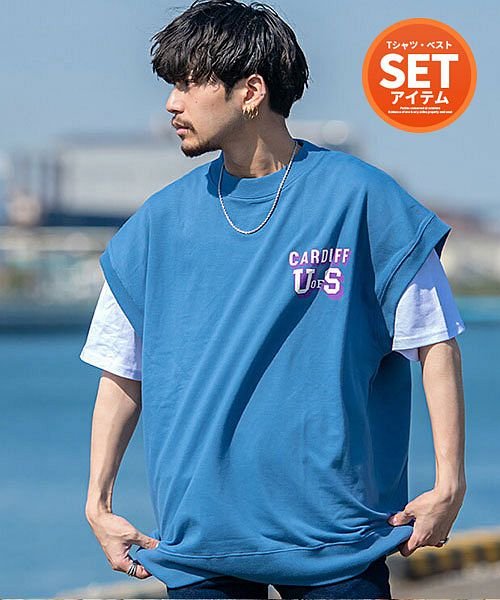 Cavaria Usaコットン裏毛スウェットベスト 半袖tシャツセット メンズ ベスト Usaコットン 2枚セット ブランド おしゃれ 大人 カジュアル 重ね着 キャバリア Cavaria D Fashion