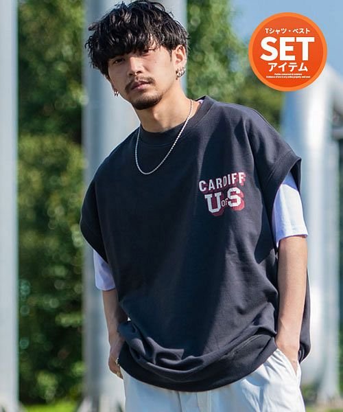 Cavaria Usaコットン裏毛スウェットベスト 半袖tシャツセット メンズ ベスト Usaコットン 2枚セット ブランド おしゃれ 大人 カジュアル 重ね着 キャバリア Cavaria D Fashion