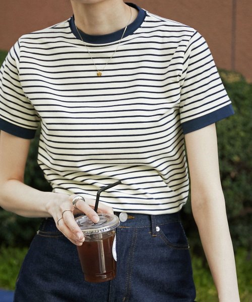 リンガーネックボーダーt トップス Tシャツ 半袖 ボーダー クルーネック 丸首 コンパクト プルオーバー ティーシャツ 伸縮性 レディース トラッド エトル Etoll D Fashion