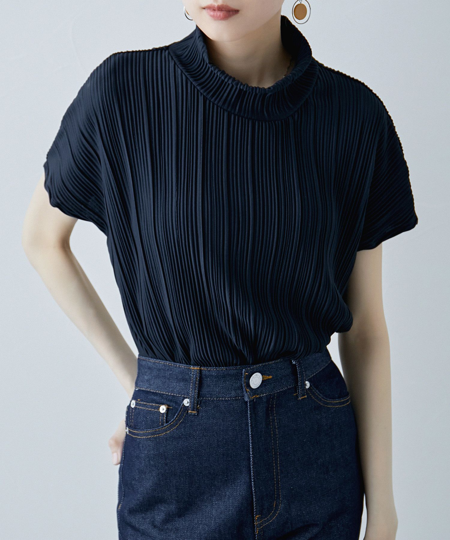 tシャツ ハイネックアイレットプルオーバー レディース クーポン】プリーツハイネック プルオーバートップス ハイネック