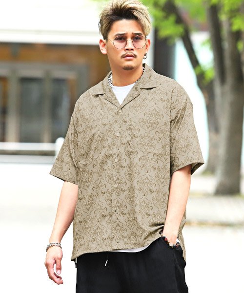 アラベスク総柄オープンカラー半袖bigシャツ シャツ 半袖 メンズ ビッグシルエット オープンカラー アラベスク柄 ダマスク柄 ラグスタイル Luxstyle D Fashion