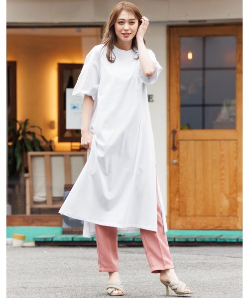 セール サイドスリット Tシャツワンピース レディース Tワンピ カットソー ひざ丈 半袖 胸ポケット付き ミリアンデニ Mili An Deni D Fashion