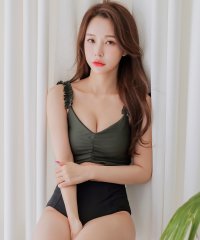 Lace Ladies/レースレディース Lace Ladies フリルショルダー フロントオープンカット バイカラーワンピース水着【返品不可商品】/504710879
