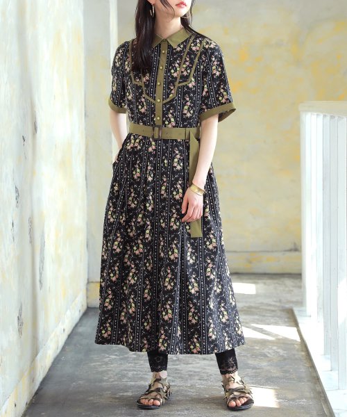 ストライプ調花柄フレアワンピース オシャレウォーカー Osharewalker D Fashion