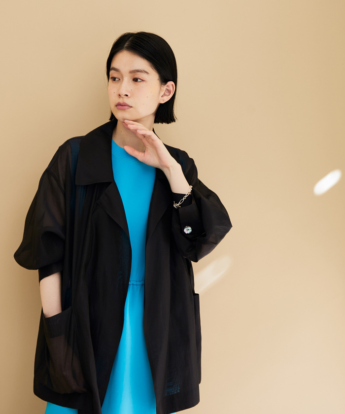 美品 アダムエロペ ビッグカラーオーガンジーシアーシャツ
