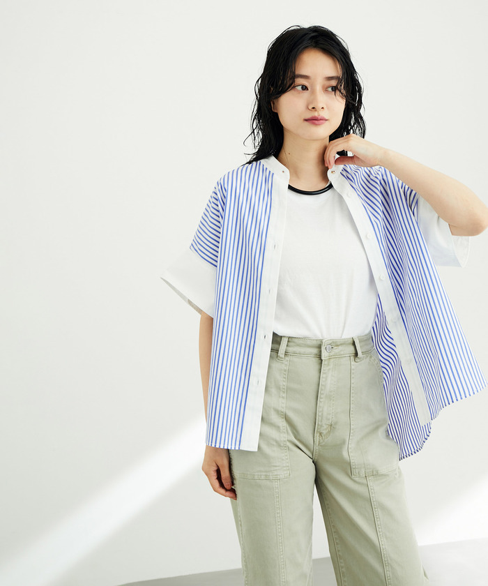 美品＊アダムエロペ バンドカラーストライプシャツ ブルー