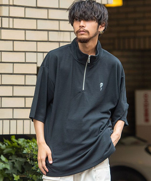 クーポン】SB select ワンポイント刺繍入りスタンドハーフジップ半袖T ...