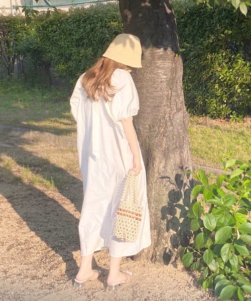 バックリボン パフスリーブワンピース 即納 ワンピース ロングワンピース 半袖 パフスリーブ バルーンスリーブ 白 ホワイト パープル レディース 韓国 プ ショップにこにこ Shopnikoniko D Fashion