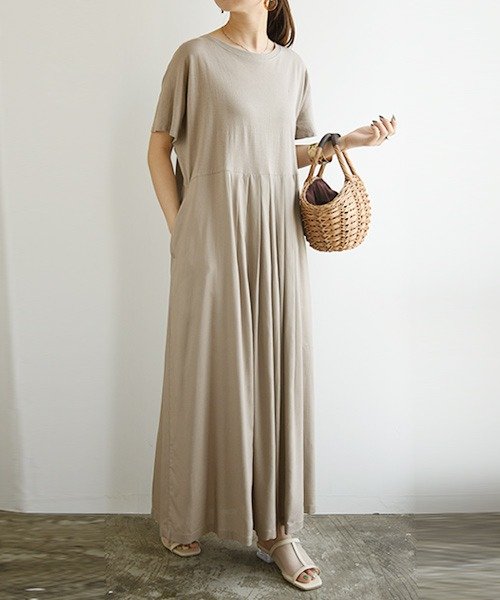 異素材切替プリーツワンピース 春夏 春服 夏服 半袖 ワンピース レディース ワンピ ロング ロングワンピ ロングワンピース きれいめ カジュアル ゆったり 楽 アンドイット And It D Fashion
