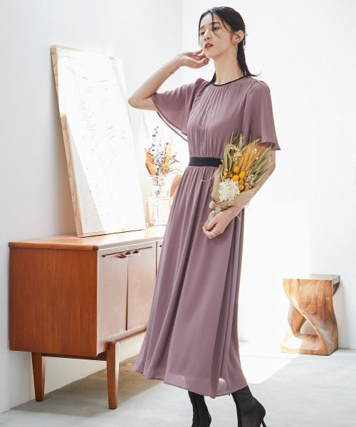 セール 結婚式 ワンピース パーティードレス 配色 パイピング プリーツ フレアスカート ウエストゴム 無地 シンプル ロング丈 ミモレ丈 フレア袖 半袖 ラウンドネッ ニアナ Niana D Fashion
