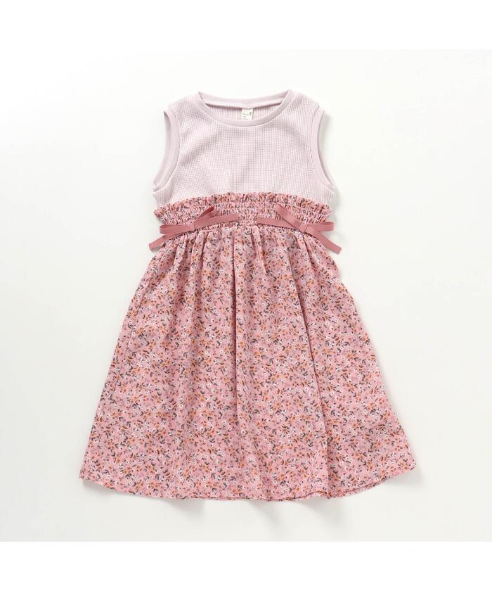 セール 20%OFF】ワッフル×お花ドッキングノースリーブワンピース