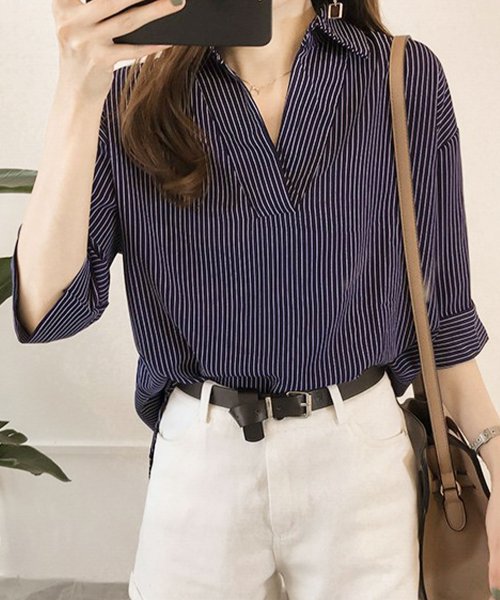 セール 5分袖ストライプシャツ レディースシャツ可愛い トップス 長袖 夏服 オシャレ ファション 通勤 レディスカジュアル 大きいサイズ 体型カバー アミュレット Amulet D Fashion