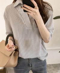 Amulet/5分袖ストライプシャツ レディースシャツ可愛い トップス 長袖 夏服 オシャレ ファション 通勤 レディスカジュアル 大きいサイズ 体型カバー/504810853