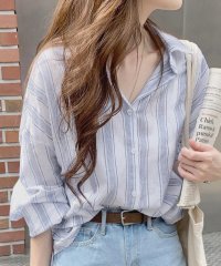 Amulet/アミュレット Amulet ストライプシャツ ブラウス ストライプ柄 七分袖 着痩せ 長袖 レディースファッション レディース トップス 通勤 上品/504810854