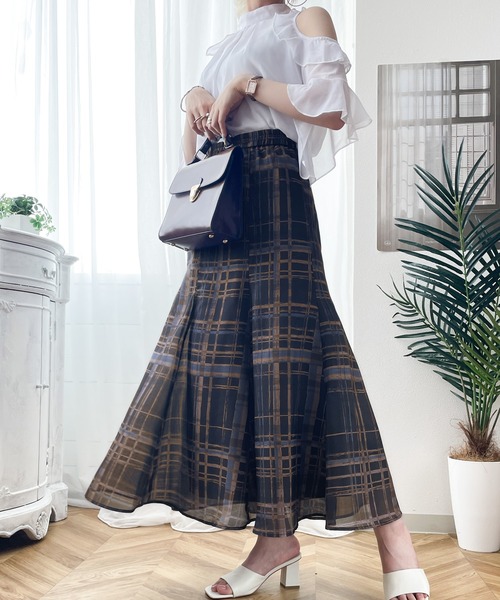 mily bilet】大人カラーが気分。チェック柄シアーフレアスカート mily bilet】大人カラーが気分。チェック柄シアーフレアスカート