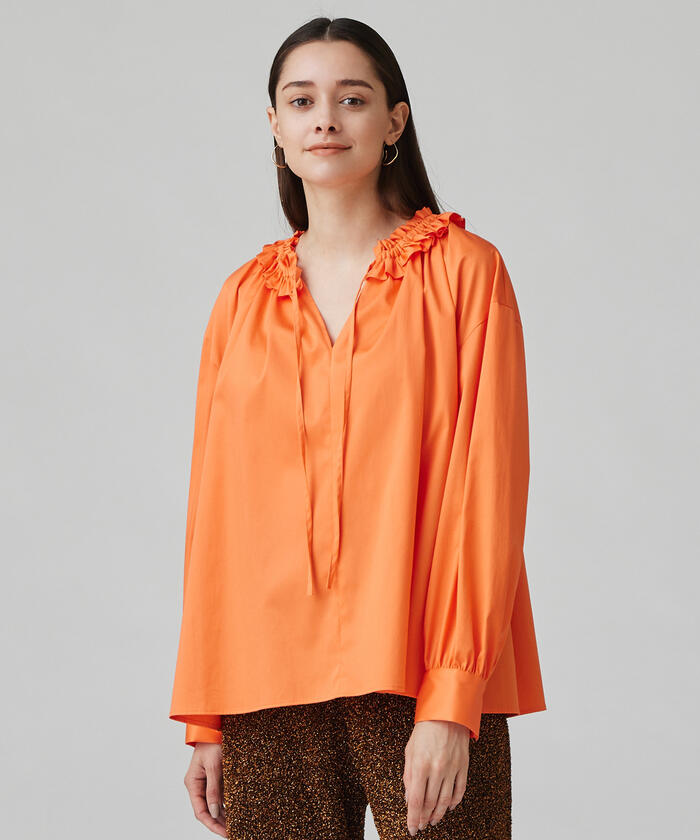 セール 40%OFF】ハイカウントサテン フリルネックブラウス