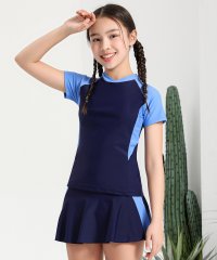 TeddyShop/テディショップ Teddyshop キッズ水着 半袖ライン柄ラッシュガード+スカート付きショーツ 上下2点セット【返品不可商品】/504831873