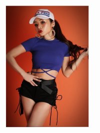 bombshell/ボムシェル bombshell 半袖カットソー ショート 韓国 ヘソ出し 半袖 ワンカラー バックリボン ネオンカラー Tシャツ ラウンドネック ウエストクロス/504829667