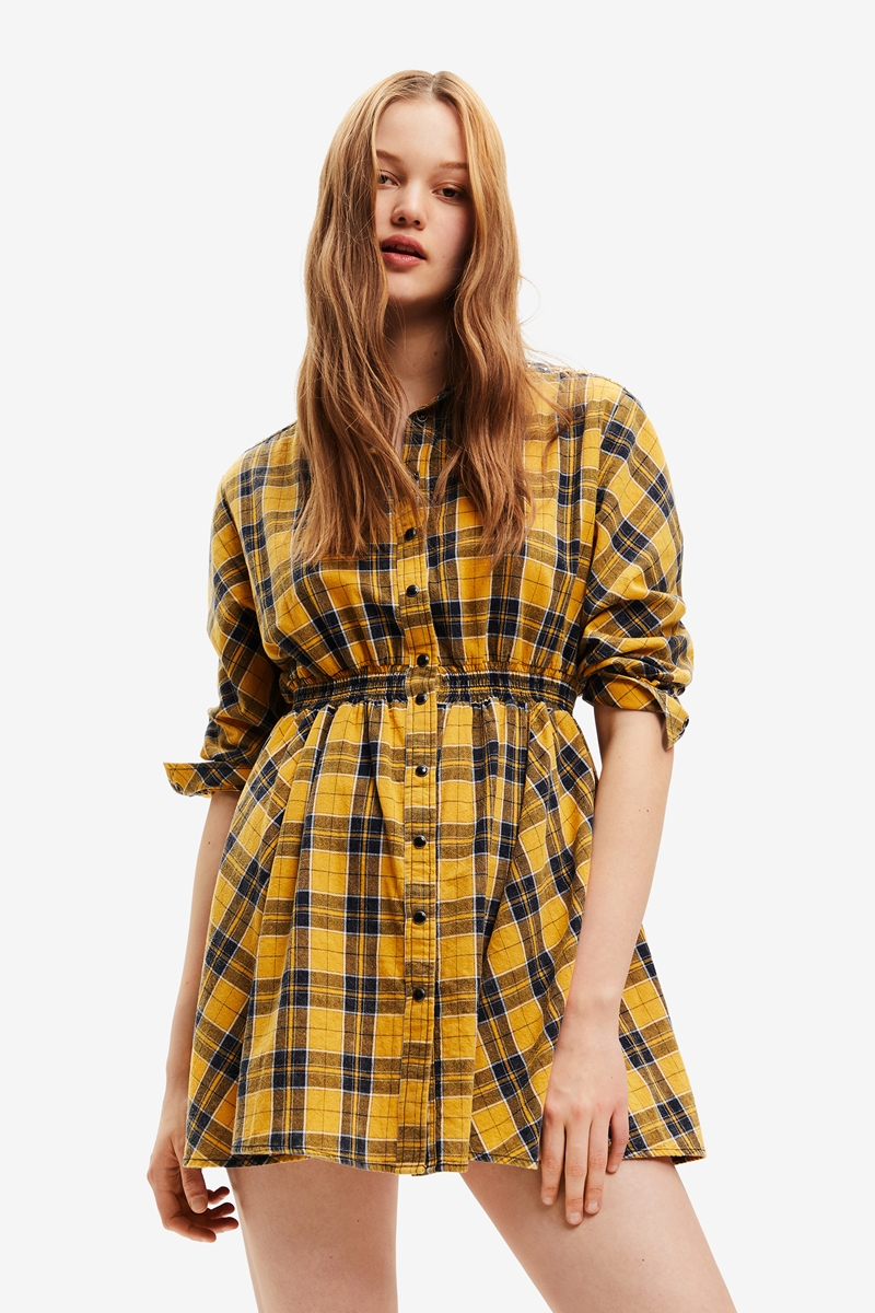 新品タグ付き Desigual デシグアル イエローチェック柄シャツ