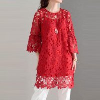 Sawa a la mode/サワアラモード Sawa a la mode レディースチュニック 7分袖 レース Uネック ブラック レッド 花/504891156