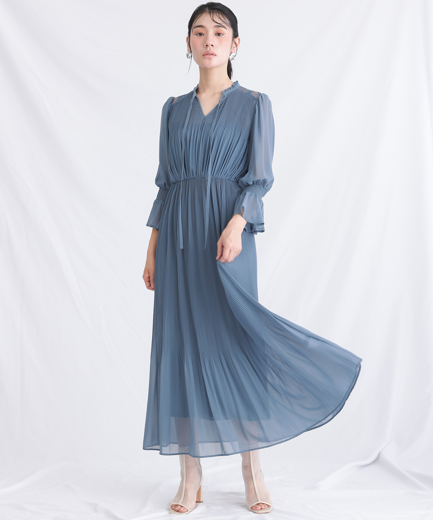 プールヴー PourVous シフォンパーティードレスお呼ばれ袖あり