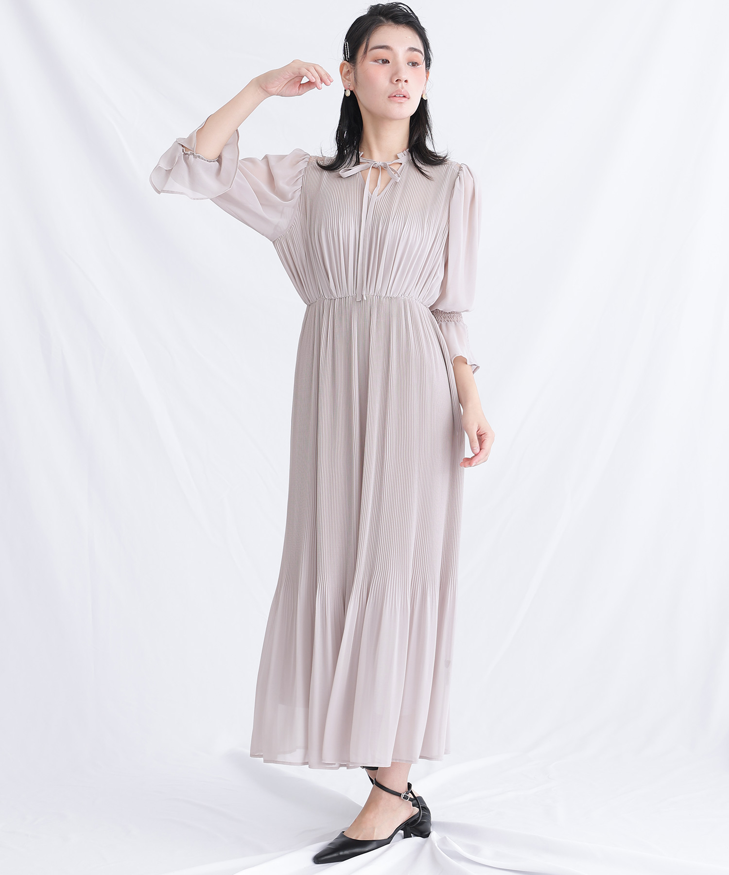 プールヴー PourVous シフォンパーティードレスお呼ばれ袖あり